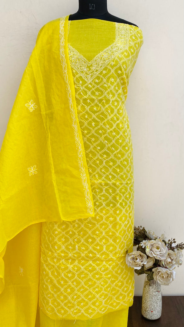 Lucknowi Chikankari Suit Length 3 Piece Yellow Cotton With Embroidered Cotton Dupatta