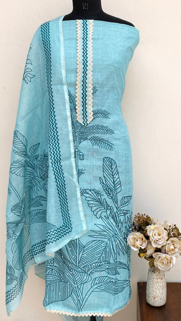 Designer Embroidered Suit Length 3 Piece Blue Linen With Pearl & Sequence Work