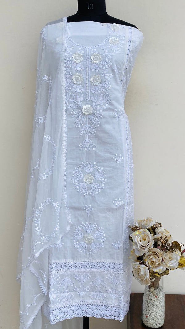Designer Embroidered Suit Length 3 Piece White Mal Cotton With Pearl & Sequence Work