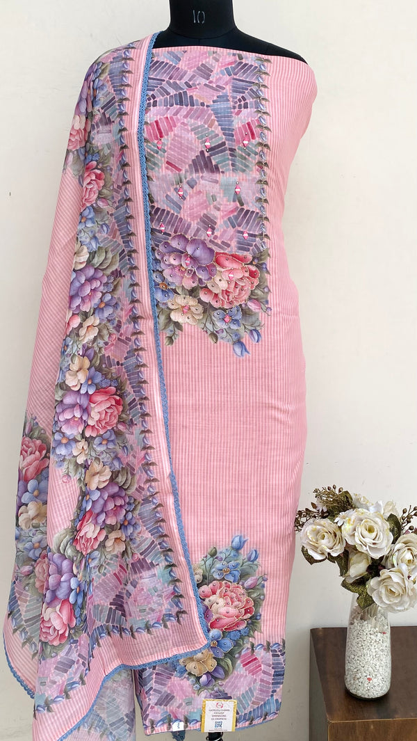 Designer Embroidered Suit Length 3 Piece Pink Linen With Mirror Work