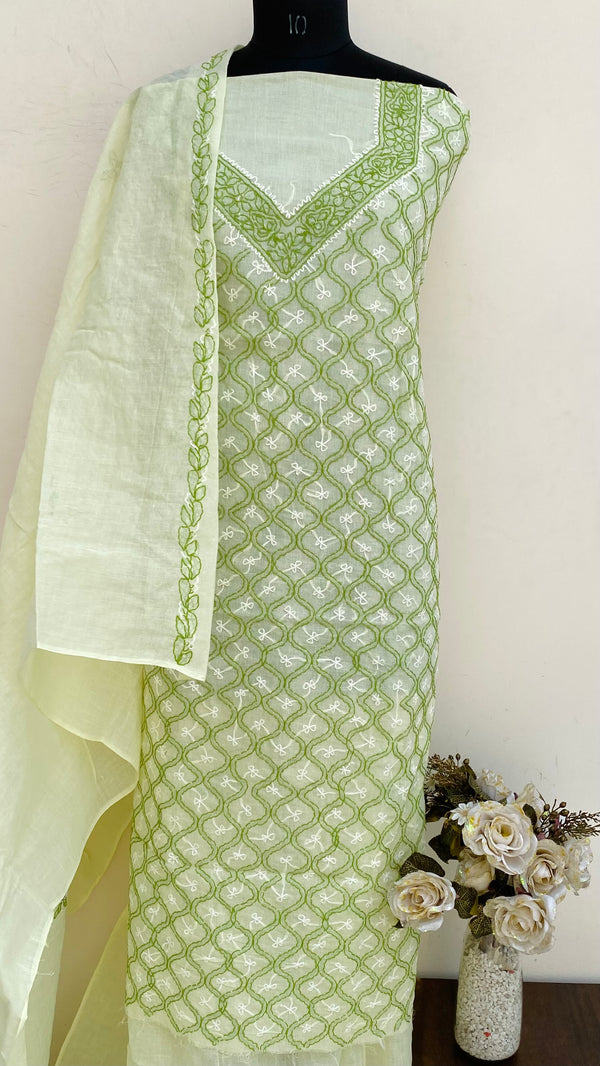 Lucknowi Chikankari Suit Length 3 Piece Lemon Yellow Cotton With Embroidered Cotton Dupatta