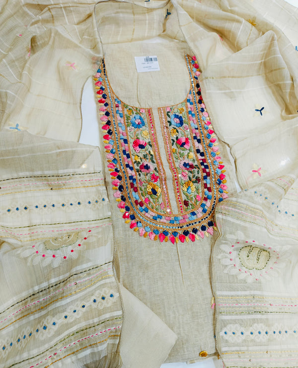 Embroidered Kantha Suit Length 3 Piece Beige Linen Cotton