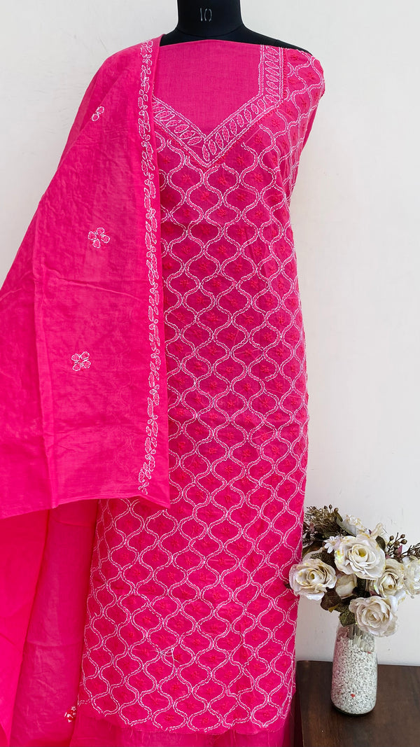 Lucknowi Chikankari Suit Length 3 Piece Pink Cotton With Embroidered Cotton Dupatta