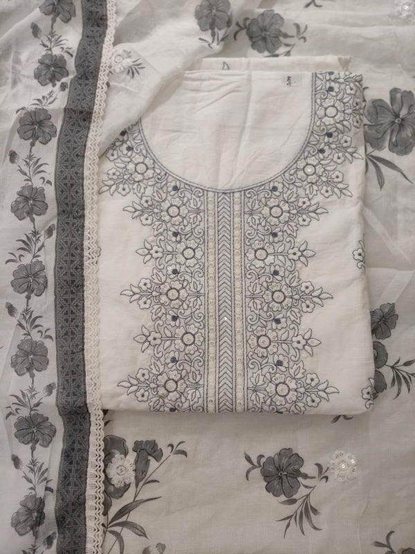 Designer Embroidered Suit Length 3 Piece White Mal Cotton