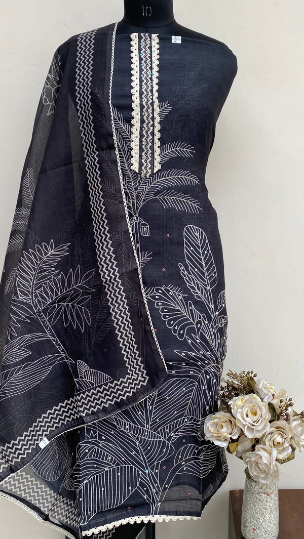 Designer Embroidered Suit Length 3 Piece Black Linen With Pearl & Sequence Work