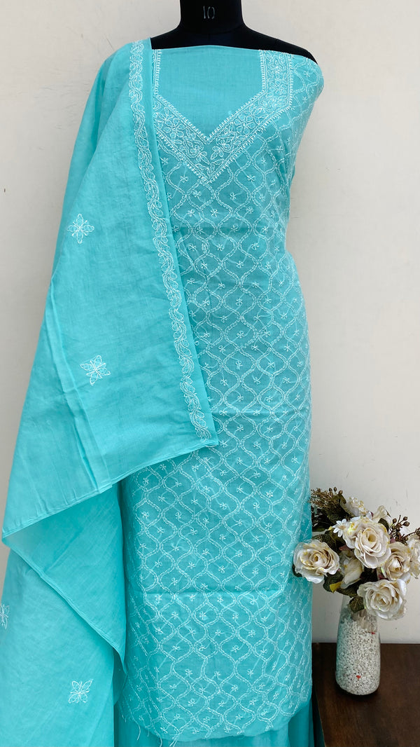 Lucknowi Chikankari Suit Length 3 Piece Sea Green Cotton With Embroidered Cotton Dupatta