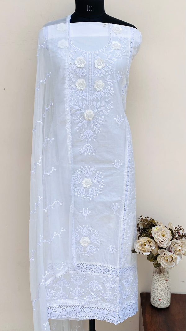 Designer Embroidered Suit Length 3 Piece White Mal Cotton With Sequence, Pearl & Cutdana Work