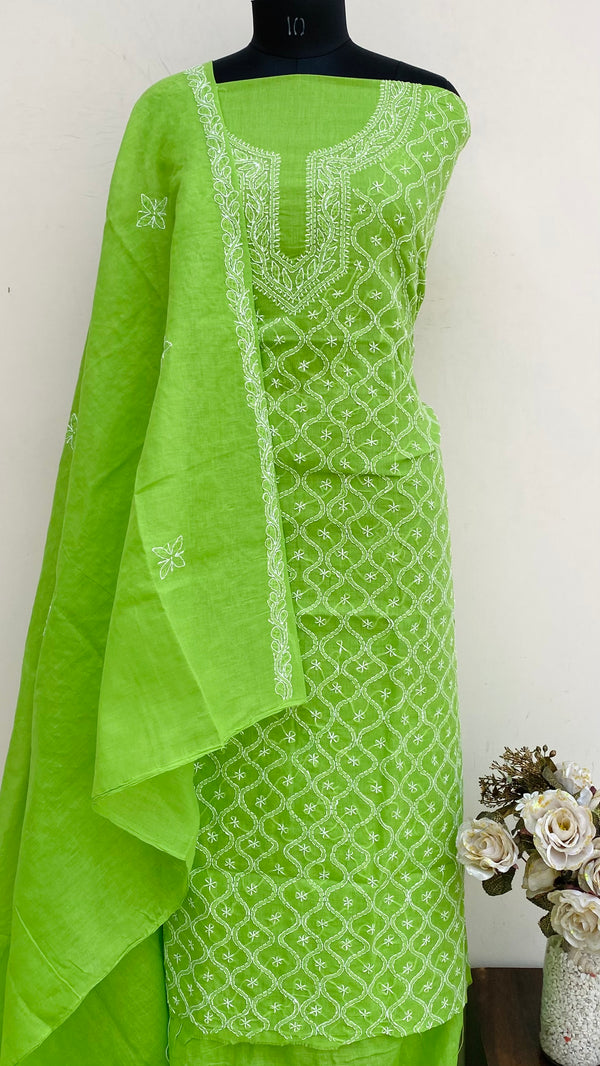 Lucknowi Chikankari Suit Length 3 Piece Parrot Green Cotton With Embroidered Cotton Dupatta