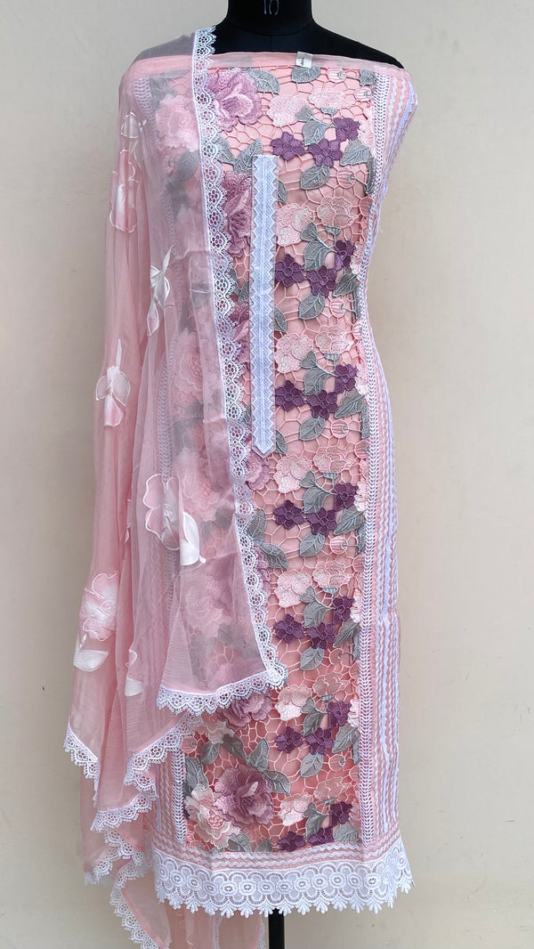 Designer Embroidered Suit Length 3 Piece Pink Organza With Sequence Work