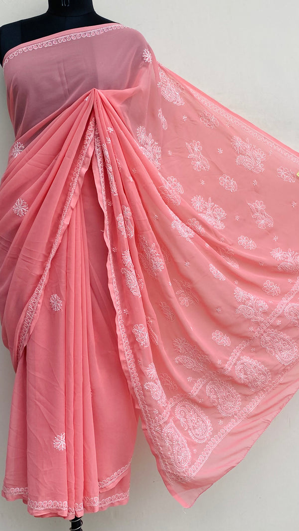 Lucknowi Chikankari Saree Pink Georgette
