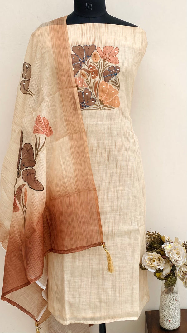 Designer Embroidered Suit Length 3 Piece Beige Linen With Sequence Work