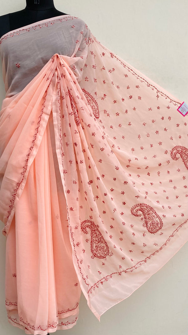 Lucknowi Chikankari Saree Peach Georgette