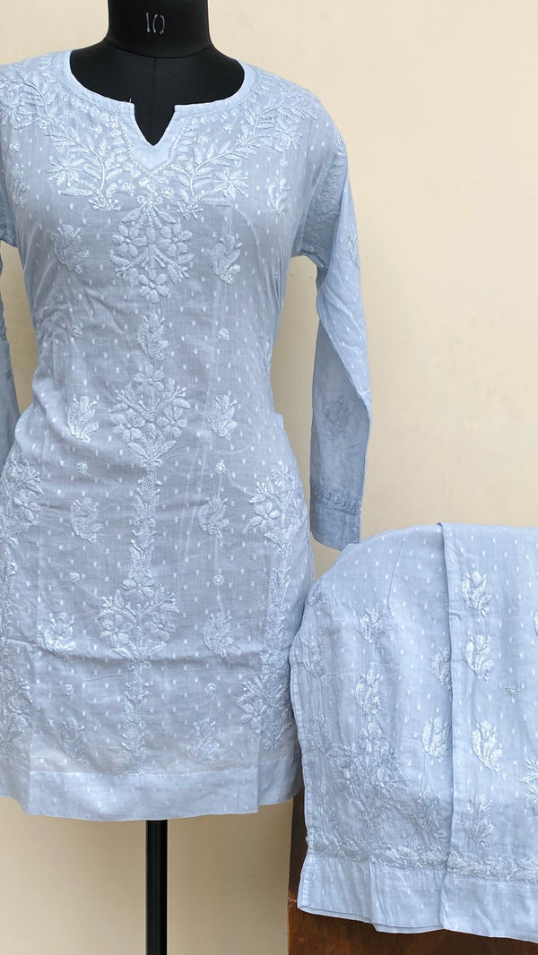 Lucknowi Chikankari Co-ord Set Powder Blue Mulmul Cotton With Self Work