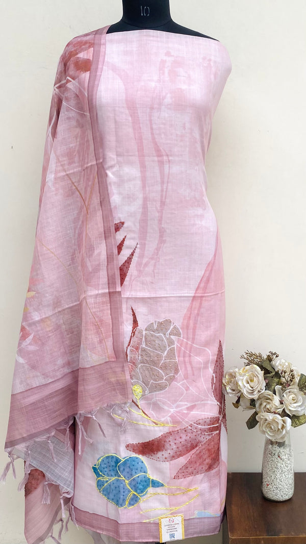 Designer Embroidered Suit Length 3 Piece Pink Linen