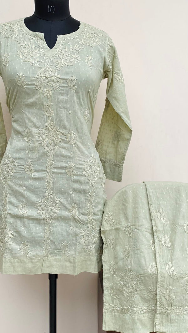 Lucknowi Chikankari Co-ord Set Green Mulmul Cotton With Self Work