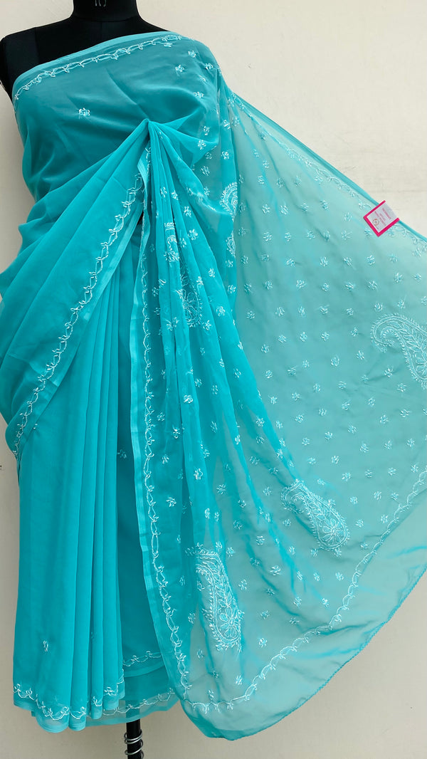 Lucknowi Chikankari Saree Sea Green Georgette