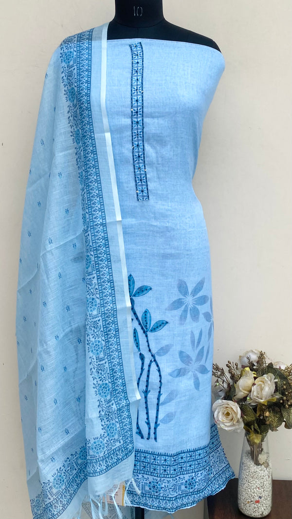 Designer Embroidered Suit Length 3 Piece Blue Linen With Sequence Work