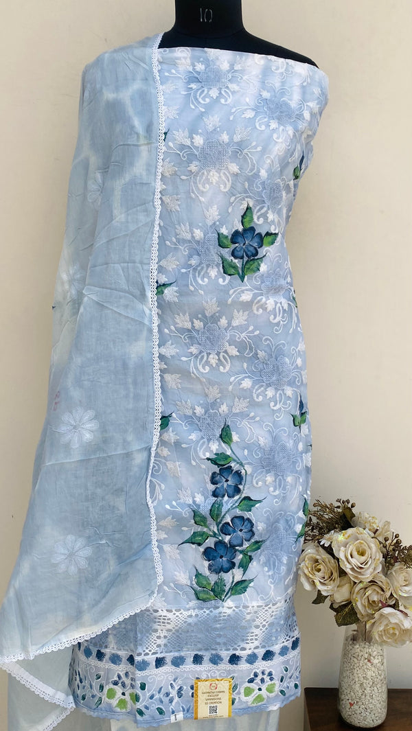 Designer Embroidered Suit Length 3 Piece Blue Organza