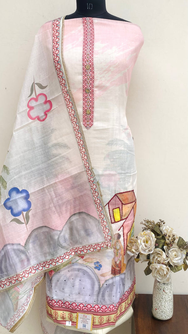 Designer Embroidered Suit Length 3 Piece Cream Linen
