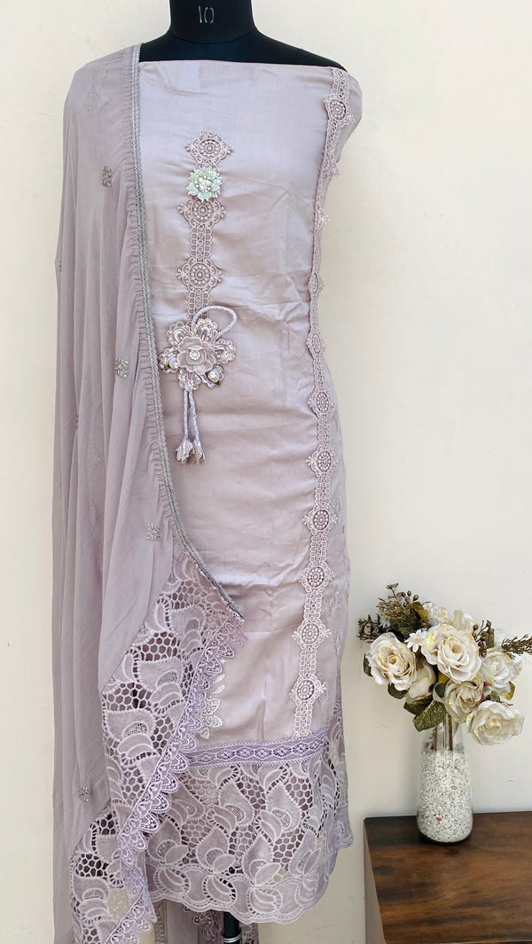 Designer Embroidered Suit Length 3 Piece Gray Muslin Cotton With Sequence & Cutdana Work