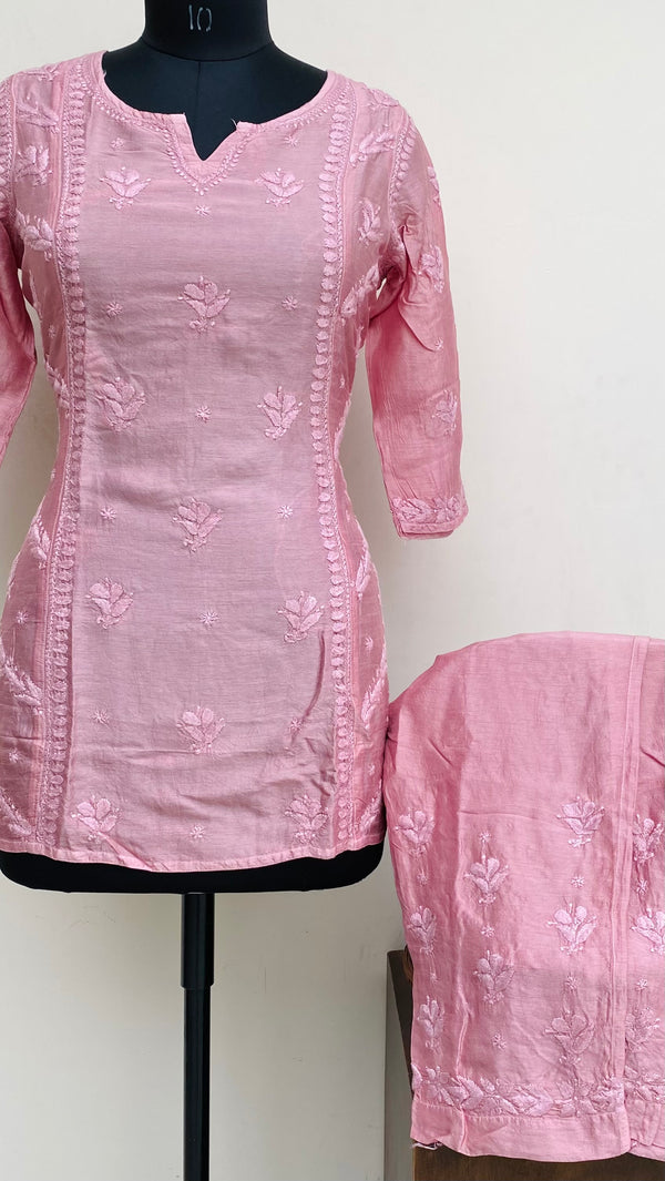 Lucknowi Chikankari Co-ord Set Pink Mal Chanderi With Self Work