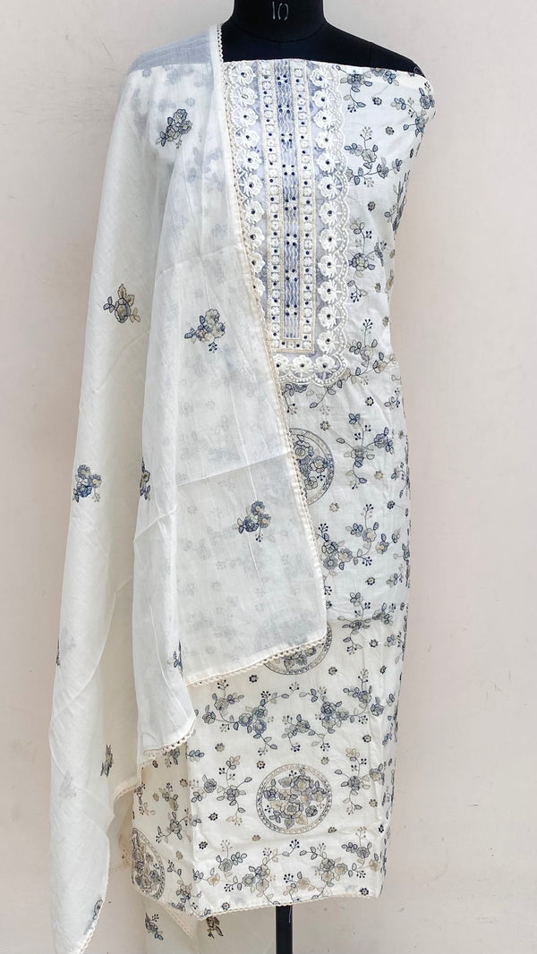 Designer Embroidered Suit Length 3 Piece Cream Mal Cotton With Pearl & Sequence Work