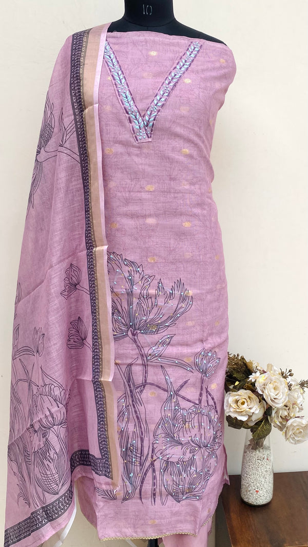 Designer Embroidered Suit Length 3 Piece Onion Pink Linen With Sequence Work