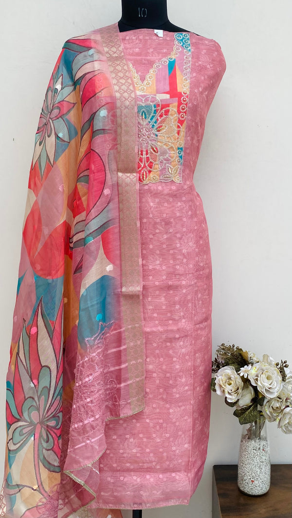 Designer Embroidered Suit Length 3 Piece Pink Mal Chanderi With Sequence Work