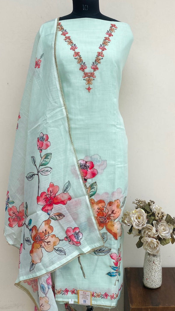 Designer Embroidered Suit Length 3 Piece Sea Green Linen