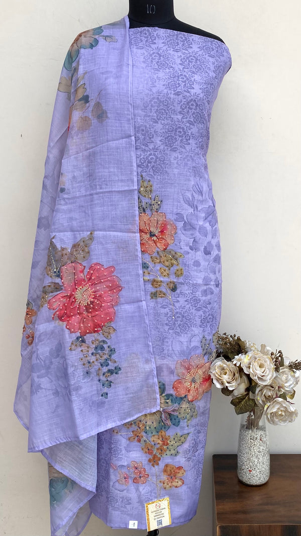 Designer Embroidered Suit Length 3 Piece Purple Linen