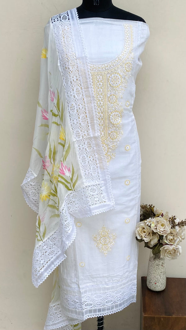 Designer Embroidered Suit Length 3 Piece White Kota With Sequence Work