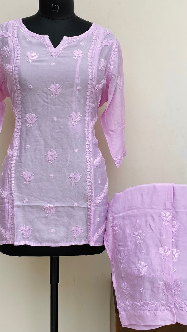 Lucknowi Chikankari Co-ord Set Pink Mal Chanderi With Self Work