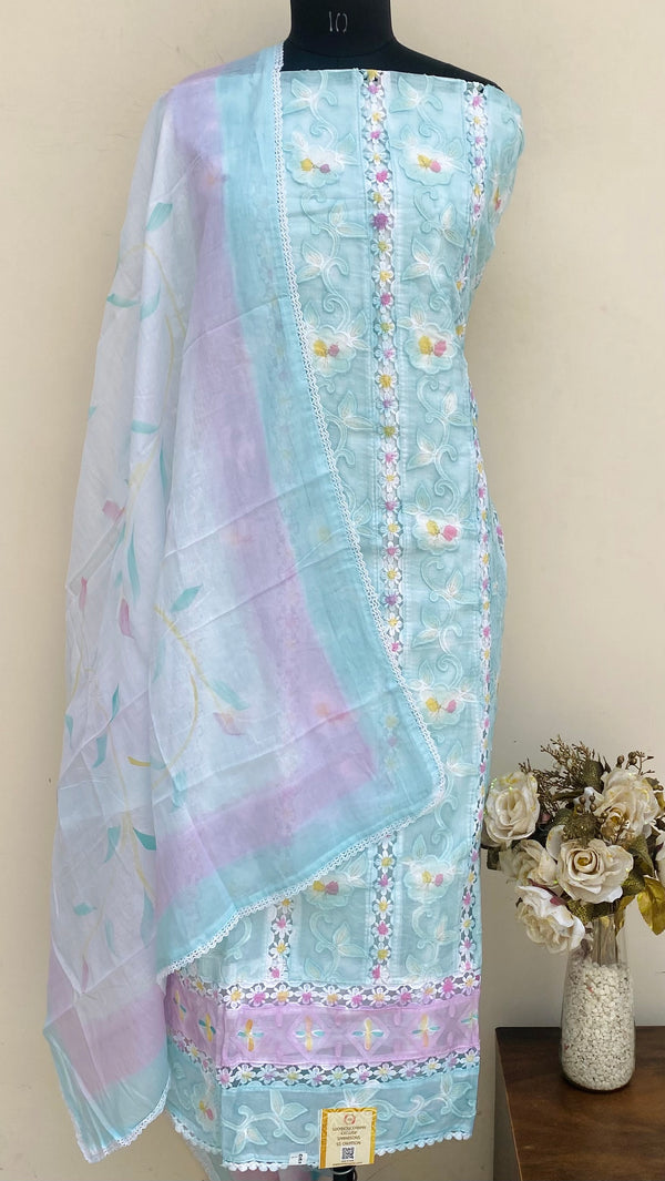 Designer Embroidered Suit Length 3 Piece Blue Organza