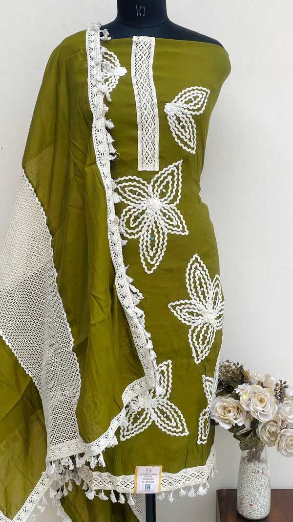Designer Embroidered Suit Length 3 Piece Mehndi Green Muslin Cotton With Mirror Work