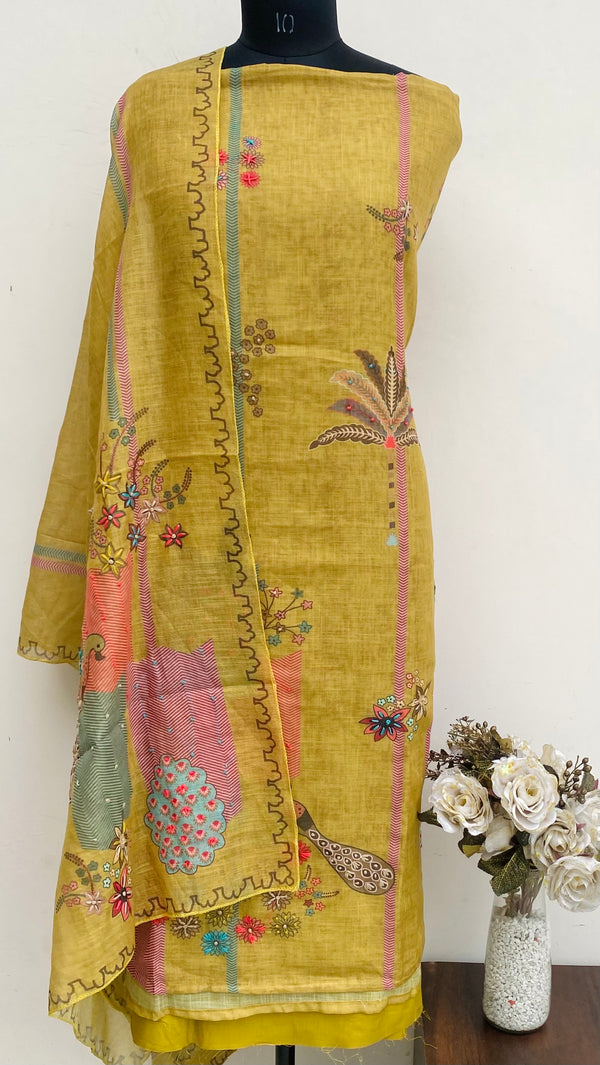 Designer Embroidered Suit Length 3 Piece Mehndi Green Linen