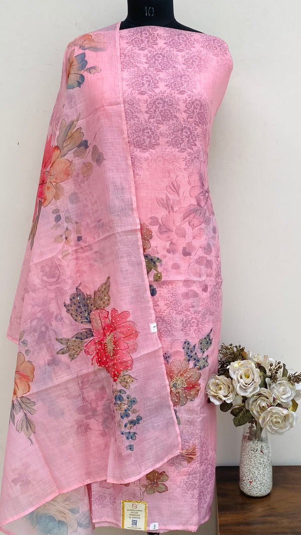Designer Embroidered Suit Length 3 Piece Pink Linen