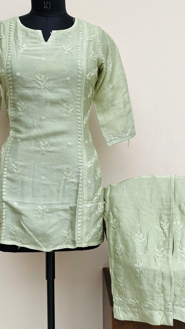 Lucknowi Chikankari Co-ord Set Green Mal Chanderi With Self Work