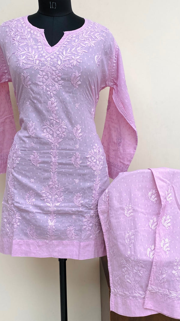 Lucknowi Chikankari Co-ord Set Pink Mulmul Cotton With Self Work