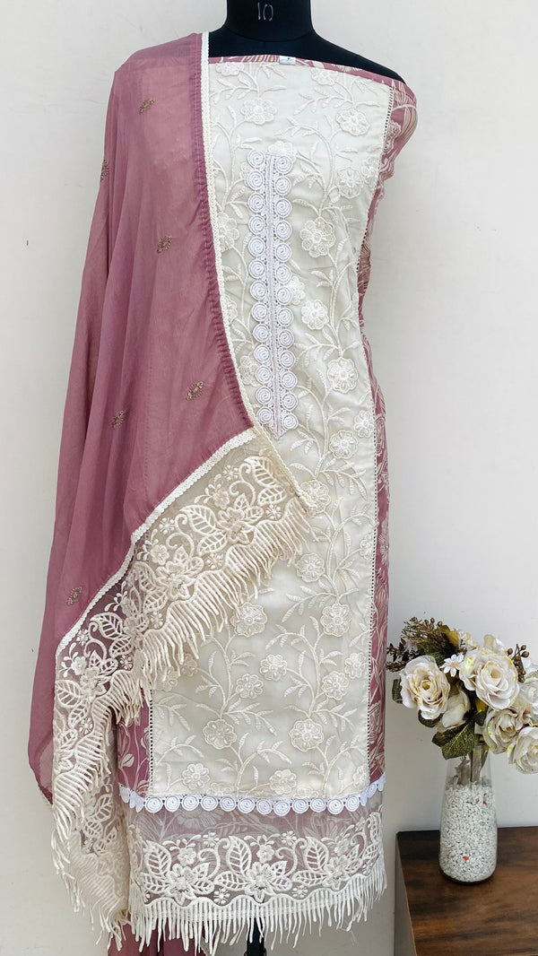 Designer Embroidered Suit Length 3 Piece Onion Pink Linen With Sequence ,Cutdana & Pearl Work