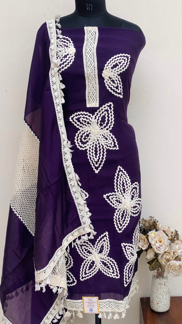 Designer Embroidered Suit Length 3 Piece Wine Muslin Cotton With Mirror Work