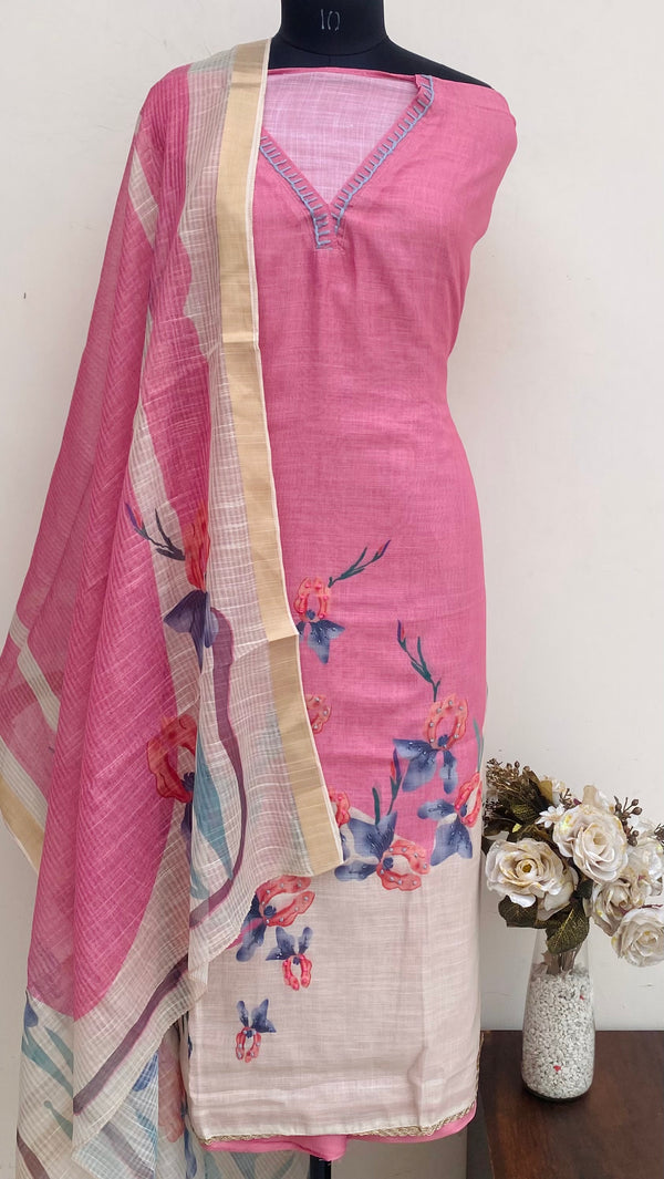 Designer Embroidered Suit Length 3 Piece Pink Linen With Cutdana Work
