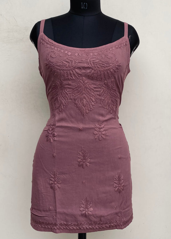 Lucknowi Chikankari Noodle Strap Short Kurti Brown Modal Cotton With Self Work