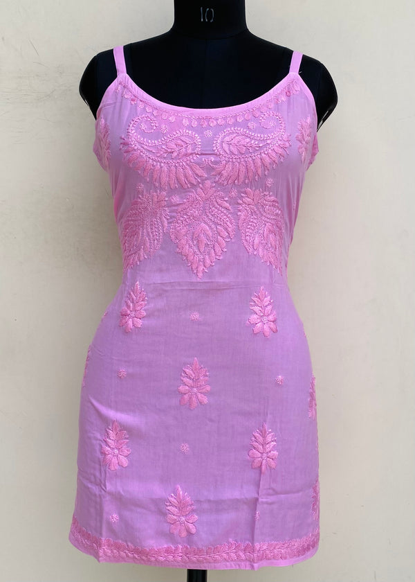 Lucknowi Chikankari Noodle Strap Short Kurti Pink Modal Cotton With Self Work