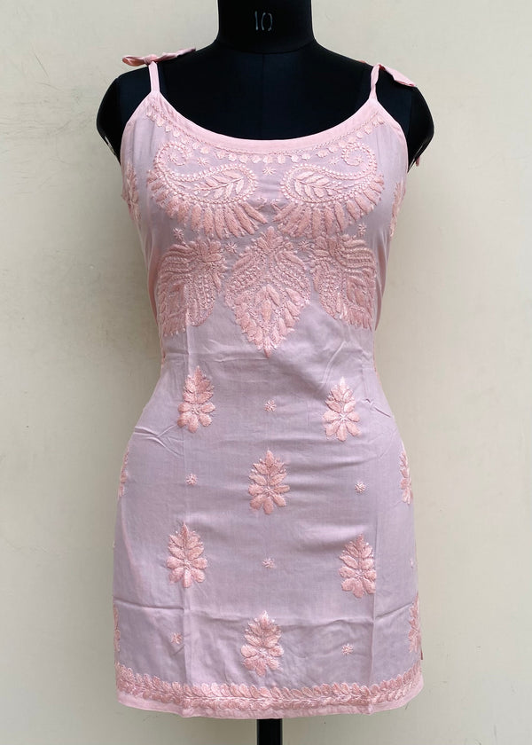Lucknowi Chikankari Noodle Strap Short Kurti Peach Modal Cotton With Self Work
