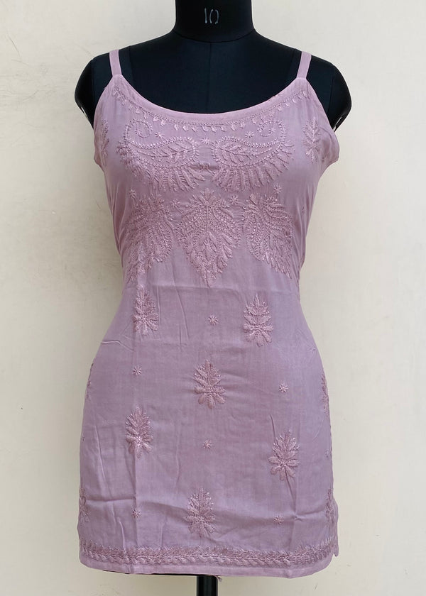 Lucknowi Chikankari Noodle Strap Short Kurti Mouse Colour Modal Cotton With Self Work
