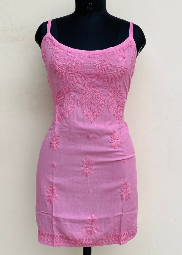 Lucknowi Chikankari Noodle Strap Short Kurti Pink Modal Cotton With Self Work