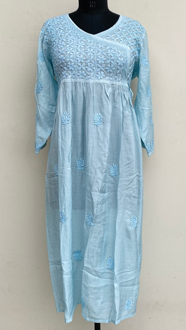 Lucknowi Chikankari Angrakha Kurti Powder Blue Muslin Cotton With Self 3D & Mukaish Work