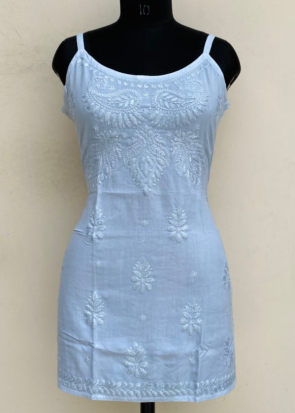 Lucknowi Chikankari Noodle Strap Short Kurti Gray Modal Cotton With Self Work
