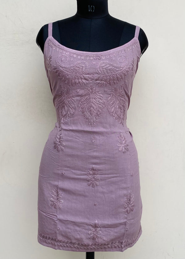 Lucknowi Chikankari Noodle Strap Short Kurti Mouse Colour Modal Cotton With Self Work