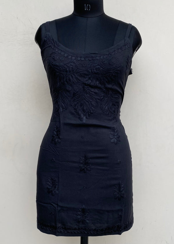 Lucknowi Chikankari Noodle Strap Short Kurti Black Modal Cotton With Self Work